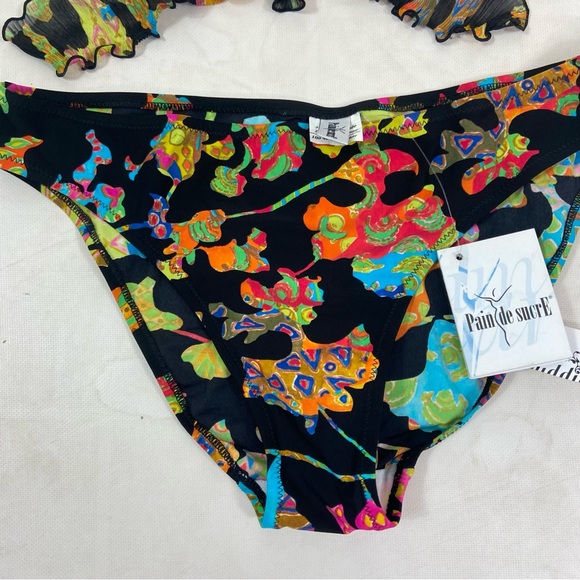 Pain De Sucre black abstract colorful ruffle bikini set. L/36B - Picture 2 of 8